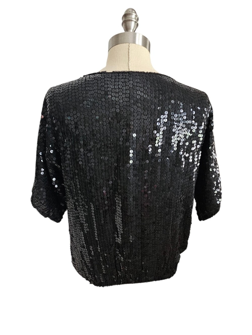VTG 80s Sequined Evening Top Black with Silver/Gold Metallic Floral Grid | SZ M - Picture 2 of 8